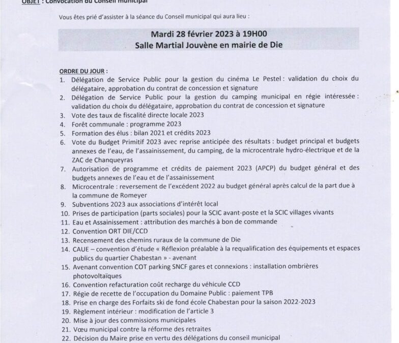 Die : Conseil Municipal ce mardi  28 février 2013 à 19 heures.